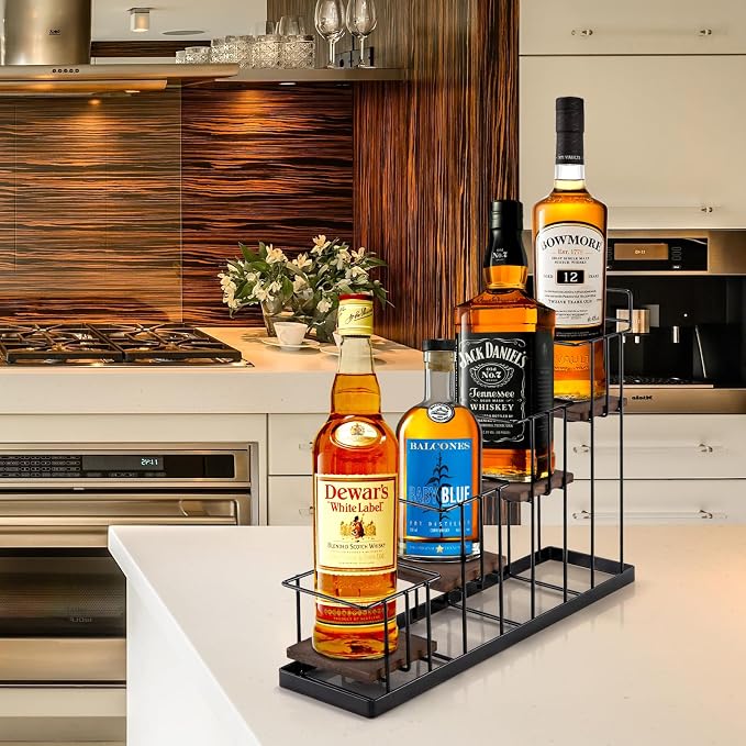 Coffee Syrup Rack Organizer, with Rustic Wood Holder Coffee Station Bar Accessory for Syrup, Wine, Dressing Bottle Countertop Display Storage Stand for Kitchen with Basket and Hooks Holds 4 Bottles