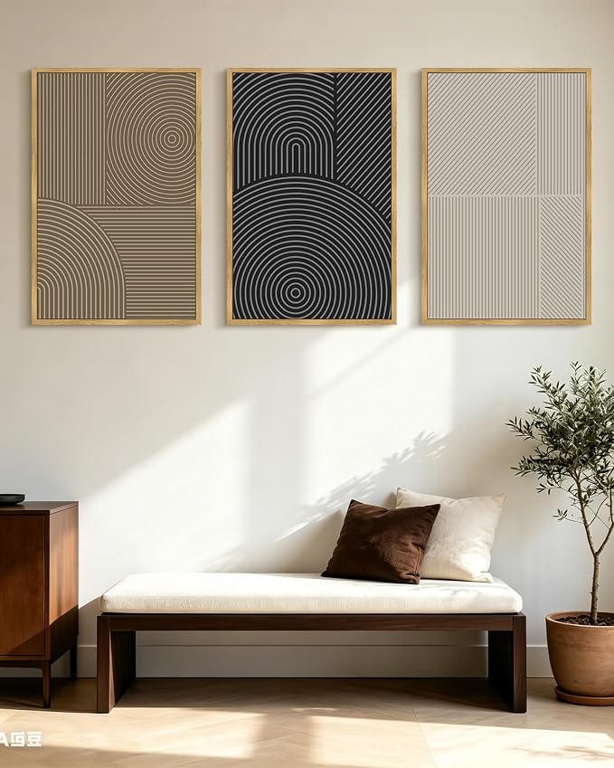 KUVIOKE Minimalist Abstract Boho Framed Wall Art Modern Mid-Century Bohemain Neutral Line Wall Decor Geometric Artwork Bedroom Decor 24x36in (Natural Framed)