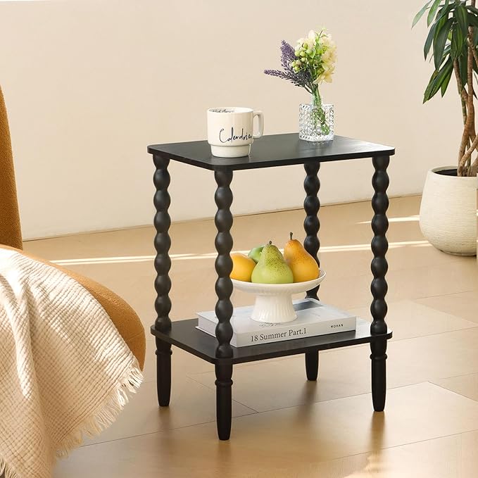 Fultyle Black Side Table, Small End Table with 2-Tier Shelf, Vintage Night Stand with Storage for Bedroom Living Room, Small Spaces (Black)