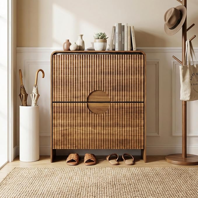 Slim Shoe Storage Cabinet for Entryway, Narrow Shoe Cabinet with 2 Tier Flip Drawers Doors, Fluted Hidden Shoe Rack Organizer for Entrance, Entry Way, Foyer, Hallway, Walnut