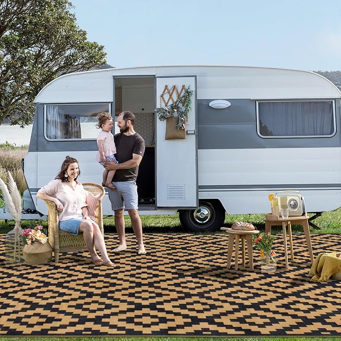 SAND MINE Reversible Mats, Plastic Straw Rug, Modern Area Rug, Large Floor Mat and Rug for Outdoors, RV, Patio, Backyard, Deck, Picnic, Beach, Trailer, Camping, Black & Brown, 10' x 14'
