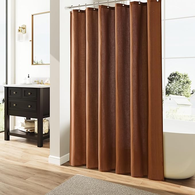 Naturoom Rustic Brown Linen Shower Curtain, Country Boho Farmhouse Bath Decor Shower Curtains Neutral Cloth Weighted Textured Fabric Bath Curtain Liner with Hooks, 72x84
