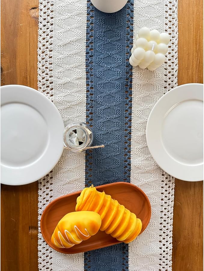 Blue Boho Table Runner for Home Decor with Tassels 72 Inches Farmhouse Rustic Table Runner Macrame Burlap Table Decoration for Living Room Bridal Shower(12x90 Inches, Fringe Included)