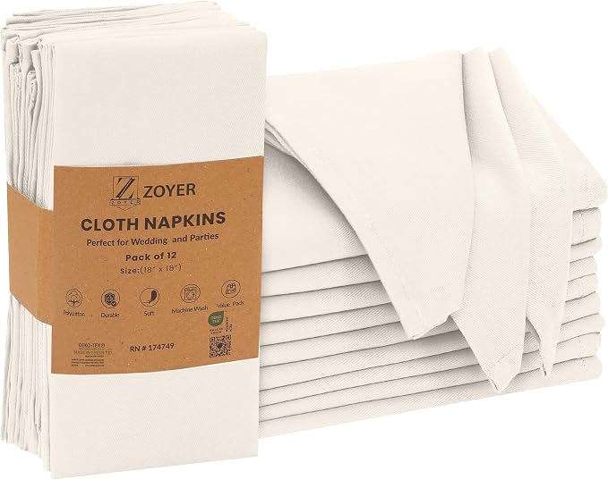 Zoyer Cloth Napkins Set of 12, 18x18 Inches Cotton Enrich Napkins Cloth ‎Washable, Soft & Durable Dinner Napkins for Parties, Wedding, Christmas, ‎Thanksgiving & Everyday Use - Ivory