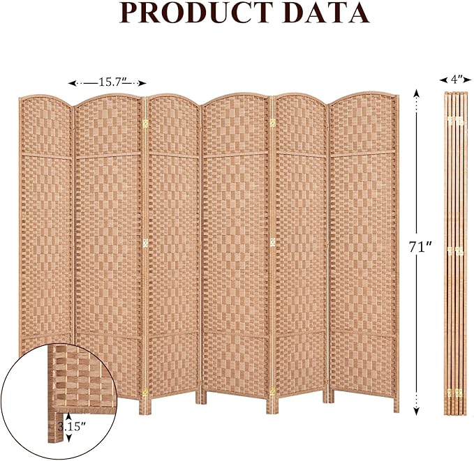 HALLYBEE Room Divider, Room Dividers and Folding Privacy Screens, 16in Privacy Screen, 6 Panel Temporary Wall Partitions, 6ft Space Separation Panel Screen, Natural