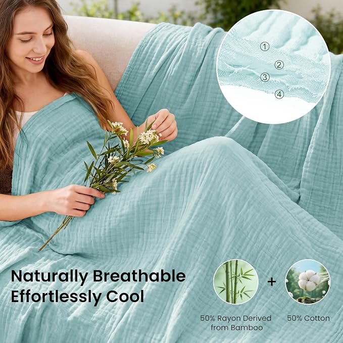 Love's cabin Cooling Muslin Blanket King Size, 50% Rayon Derived from Bamboo, 50% Cotton, 4-Layer Lightweight Breathable Summer Gauze Blanket for Bed, Soft for Hot Sleepers and Kids, 108"x90", Cyan