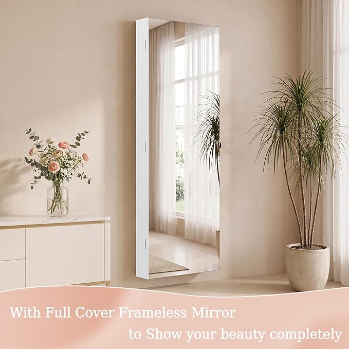 Unisakey Mirror Jewelry Cabinet,Lockable Wall or Door Mounted Jewelry Armoire Organizer With Built-up Mirror,LED Lights, Drawers,Cosmetic Trays,Shelves, 14.4"x3.15"x 43.1"（White）