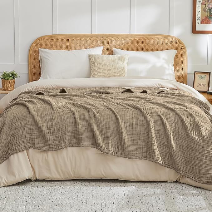 EMME Cotton Muslin Throw Blanket for Couch Breathable Gauze Soft Lightweight Blankets for Adults (Tan, 50"x60")