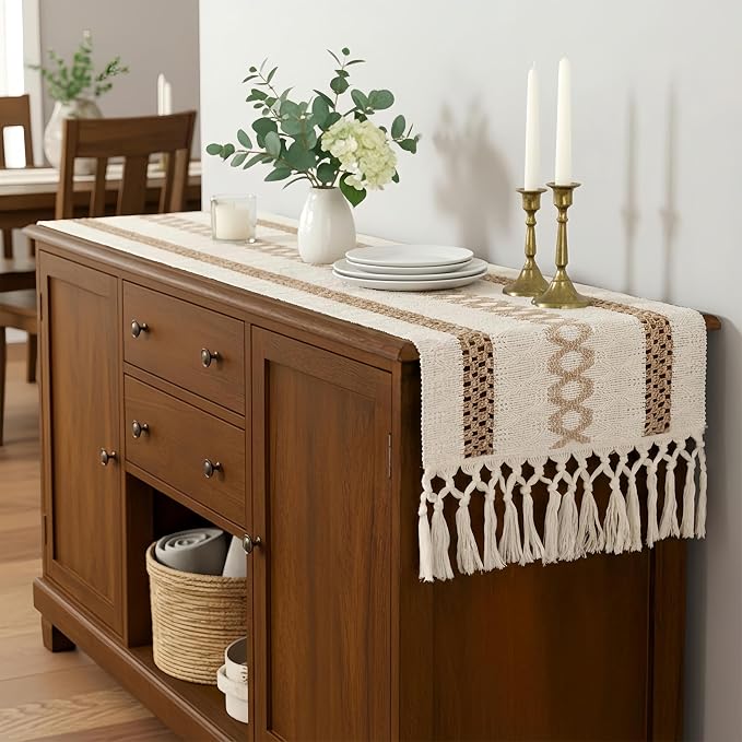 FEXIA Boho Table Runner for Hoilday with Tassels 72 Inches Long for Rustic Farmhouse Home Decor Macrame Bohemian Pottery barn Furniture Table Decoration Dining Bedroom Decor (12x72 Inches)