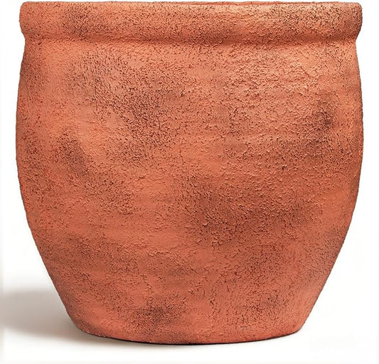 12" Dia Fiberstone Planter – Distressed Terracotta Flower Pot with Textured Matte Finish & Drainage Hole, Rustic Indoor Outdoor Planter for Patio, Porch, Garden, Farmhouse Décor