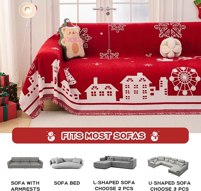 MEETSKY Christmas Couch Cover Red Sofa Slipcover for 2 Couch, Sofa Covers Washable Use Thick Soft Fabric Couch Cover for Dogs, Multi-Use Decorative Couch Protector for Pets, 71" x 118", Red