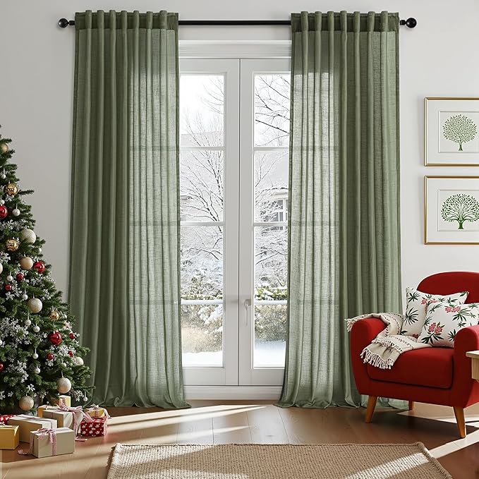 ANRODUO Olive Green Linen Curtains 102 Inches Long 2 Panels Light Filtering Sheer Back Tab Rod Pocket Drapes Cotton Linen Textured Window Curtain 102 Inch Length for Bedroom Patio Sliding Glass Door