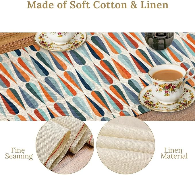Modern Mid Century Table Runne Retro Blue Orange Grey Water Droplets Geometric Table Runner for Kitchen Dining Room Dining Table Decoration 13x36in