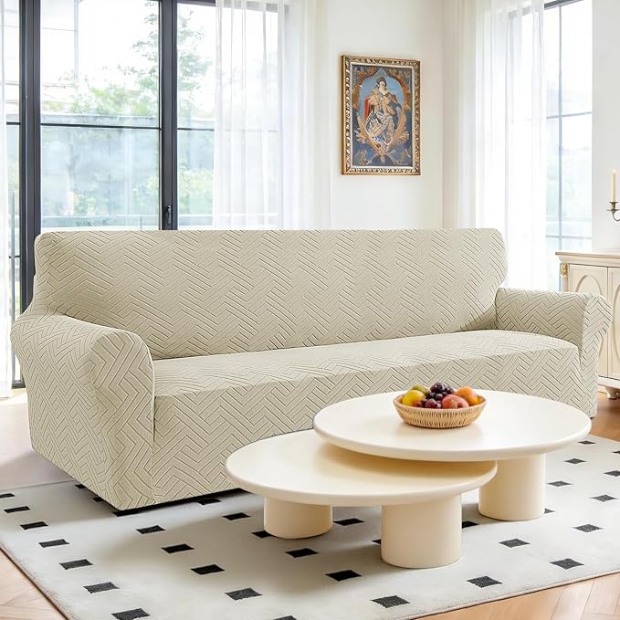 Stretch Sofa Slipcover 3 Cushion Couch X-Large Sofa Cover,91"-110" Non Slip Soft Couch Sofa Cover Washable Furniture Protector with Non Skid Foam and Elastic Bottom for Kids, Pets,Khaki
