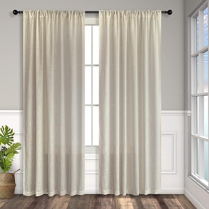 Flax Linen Curtains 84 Inch Length for Bedroom 2 Panels Back Tab Pocket Light Filtering Simple Canvas Cloth Look Semi Sheer Beige Curtains for Living Room Dining Burlap Sand Beach Decor 52x84 Long Tan