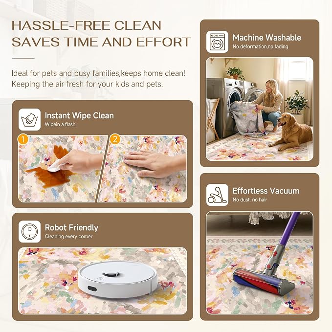 4x6 Washable Area Rug for Entryway Beige Pink Floral Abstract Soft Throw Rug Modern Non Slip Low Pile Carpet for Kitchen Bathroom Living Room Bedroom