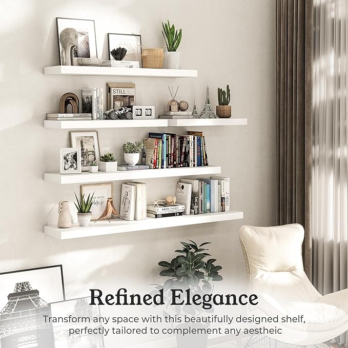 White Floating Shelves for Wall, 9.3" Deep Wall Mounted Wood Shelves for Bathroom, Bedroom, Living Room, Kitchen, Hanging Shelf for Books/Storage/Room Decor (White 30")