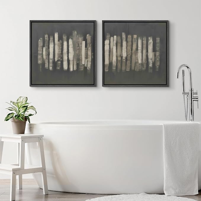 SIGNFORD Framed Canvas Print Wall Art Set Modern Vertical Brushstroke Abstract Dark Gray & Beige Illustrations Modern Art Minimal Relax/Calm for Living Room, Bedroom, Office - 24"x24"x2 BLACK