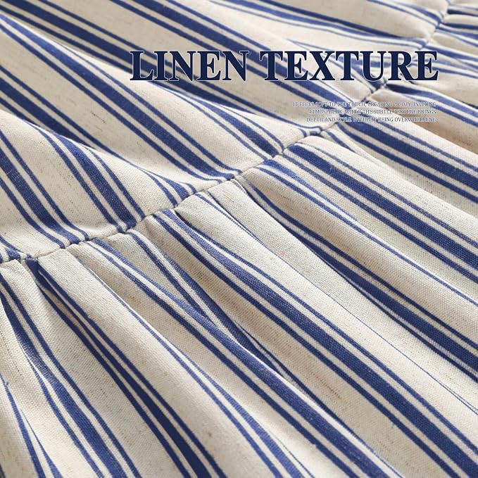 Farmhouse Shower Curtain with Ruffle Hem Linen Shower Curtains for Bathroom Country Vintage Rustic Natural Fabric, Cream-Blue Stripe 72" W x 96" L