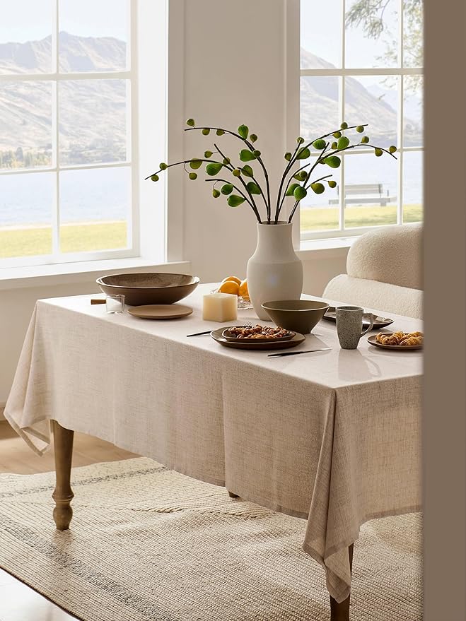 Linen Tablecloth for Rectangle Table, Natural 60x120 Inch (Fit 7ft–8ft, Narrow Fit 9ft Rectangle Table) Farmhouse Neutral Tablecloth, Water Resistant Dining Tablecloths