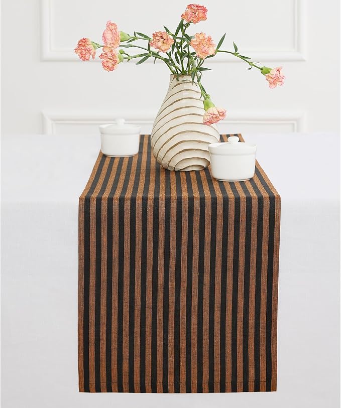 Solino Home Table Runner 90 Inches Long - Amalfi Stripe, 100% Pure Linen Pumpkin and Black Table Runner 14 x 90 Inch for Dining