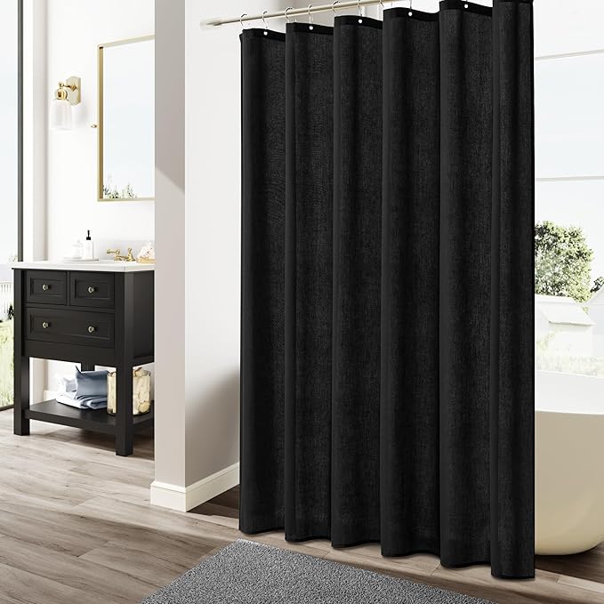 Naturoom 90 Inch Extra Long Black Linen Shower Curtain, Linen Textured Weighted Cloth Fabric Boho Shower Curtain for Bathroom, Water Repellent, Simple Hotel Spa Luxury Bathroom Decor, 72x90