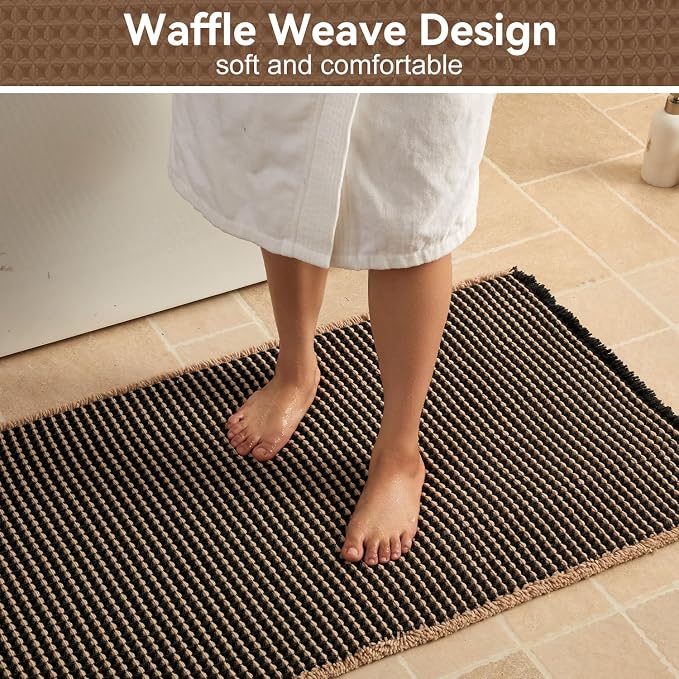 Triohero Waffle Bath Mat, Boho Bathroom Rugs Non Slip Washable, Ultra Soft Super Absorbent Quick Dry Farmhouse Bathroom Decor, 20" x 30", Black & Khaki