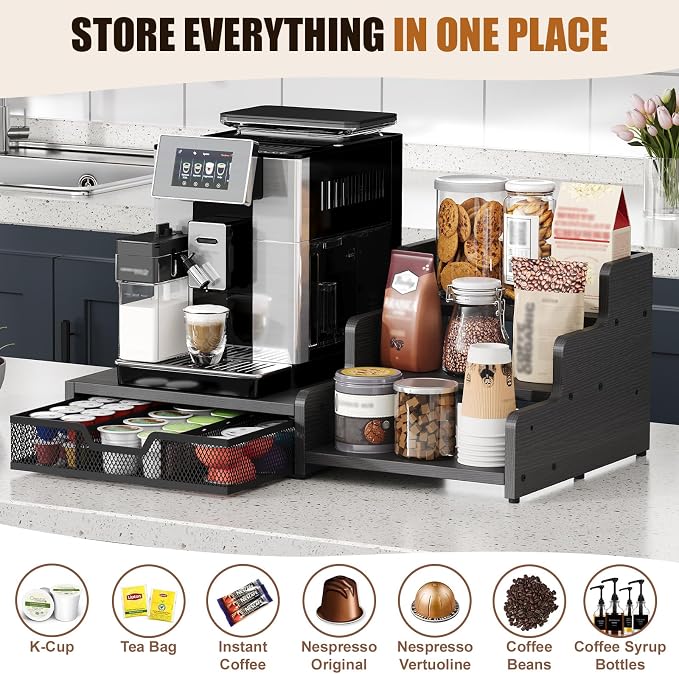 Coffee Station Organizer with K Cup Holder, 28 Pod Capacity,3-Tier Syrup Rack with Coffee Pod Holder Drawer, Coffee Bar organizer Countertop for Accessories,Black