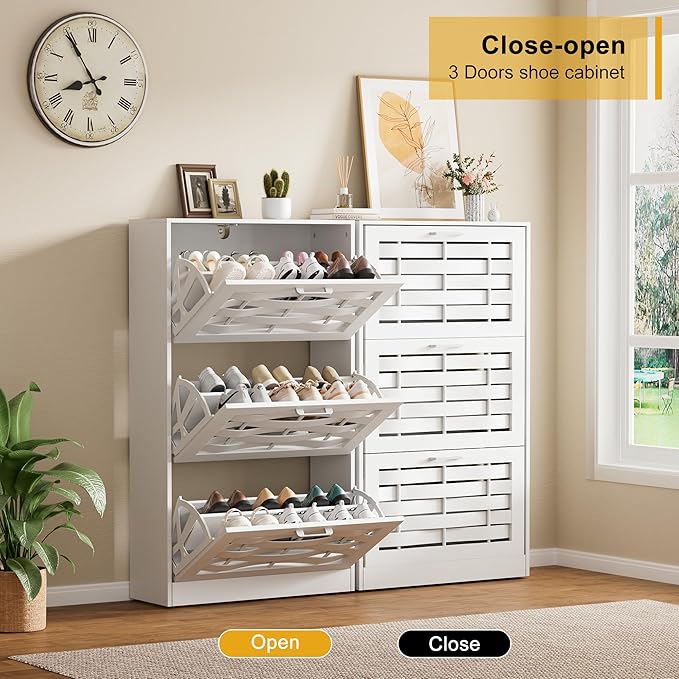White Shoe Cabinet Storage with 6 Flip Drawers for Entryway, Slim Shoe Rack Cabinet with Woven Design Drawers, Narrow Shoe Organizer for Hallway, Apartment (White, 6 Drawers)