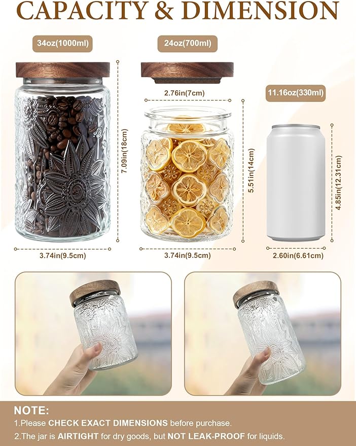 Vintage Glass Jar with Wood Lid - Christmas Airtight Canisters for Kitchen Countertop Bathroom, Storage Candy, Cookie, Coffee, Apothecary, Sugar, Flour,Pet Treat (Begonia, 34oz/1000ml)