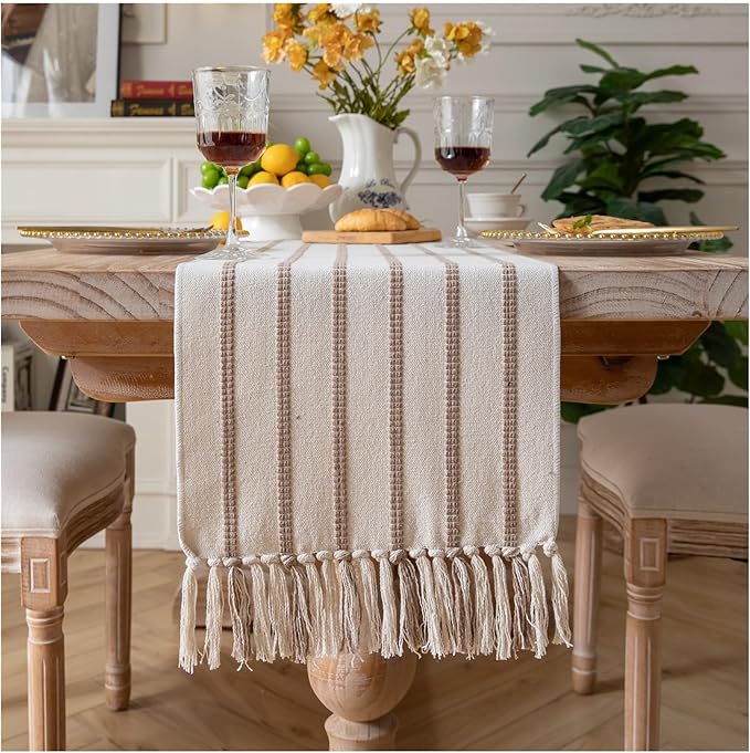 Caflife Boho Table Runner 72 Inchs Long Taupe and Beige, Cotton and Linen Woven with Tassels, for Modern Rustic Farmhouse Neutral Table Runners, Bohemian Kitchen Dining Table Home Decor