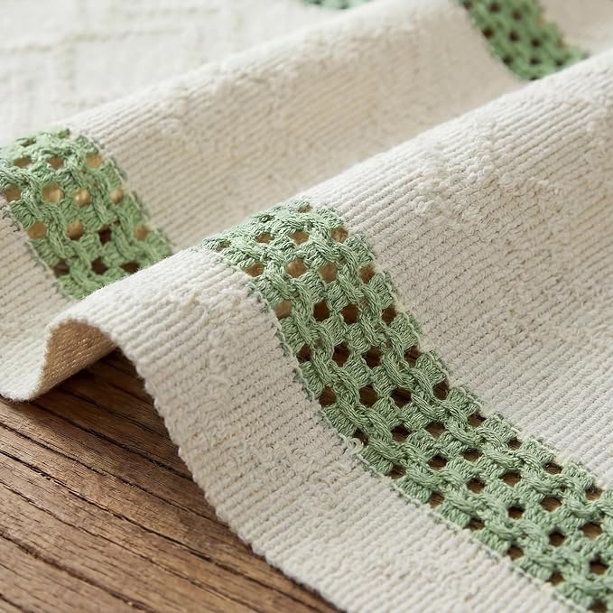 Artoid Mode Sage Green Stripe Woven Table Runner, Seasonal Holiday Hollow Kitchen Dining Table Decoration for Home Party Decor 12x90 Inch
