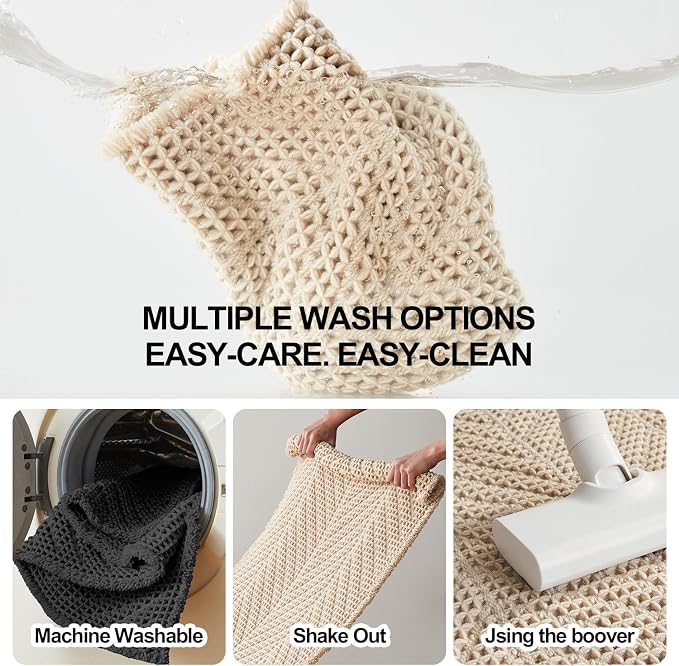 Sunfly Waffle Bath Mat, Boho Bath Rugs for Bathroom Floor Super Absorbent & Quick Dry, Non-Slip Washable Bath Mat with Tassels, Ultra Soft Farmhouse Bathroom Decor 24"*36" Beige