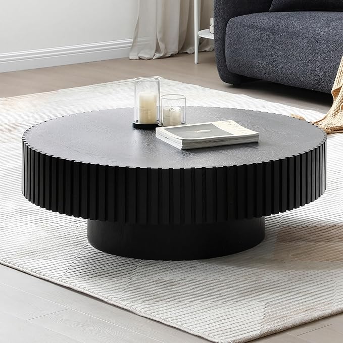 31.49" Round Coffee Table Wood, Modern Circle Drum Fluted Coffee Table for Living Room, Contemporary Low Center Tea Table Side Table for Small Apartment, Farmhouse, Office, Mesa De Cafe, Black