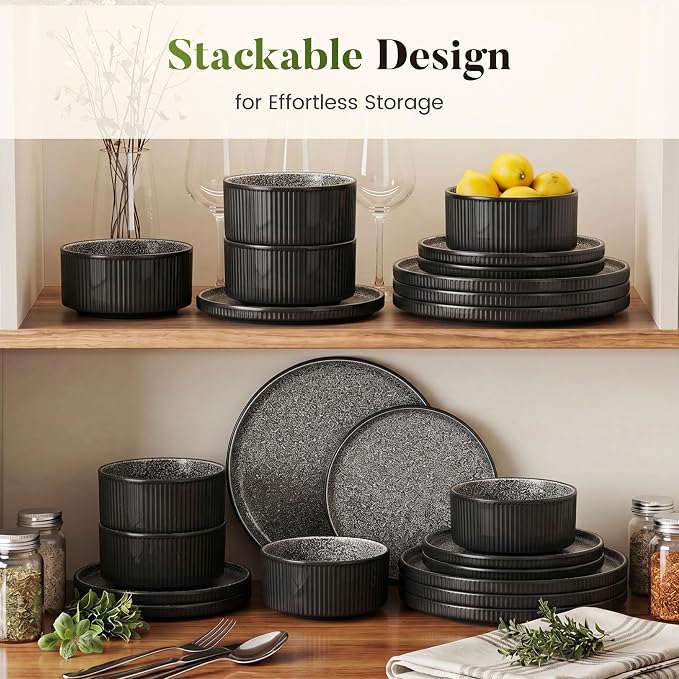 Kitchen Academy Black Fluted Stoneware Plates and Bowls Sets for 4, 12 Pieces Ceramic Dinnerware Set Non Toxic, Scratch Resistant Dish, Oven & Microwave & Dishwasher Safe