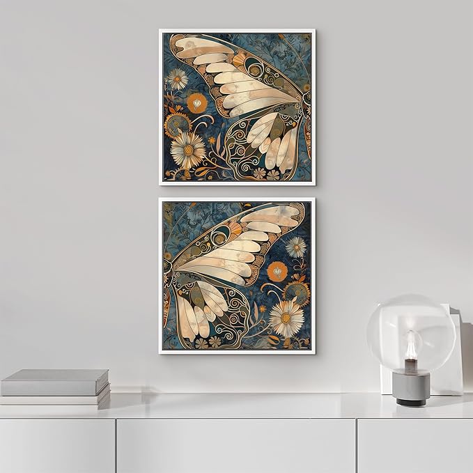 SIGNFORD Framed Canvas Print Wall Art Set Vintage Butterfly Floral and Insect Illustrations Modern Art Minimal Relax/Calm for Living Room, Bedroom, Office - 16"x16"x2 White