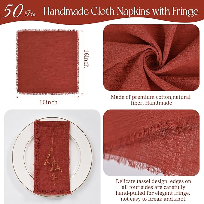 50 Pack Terracotta Napkins Cotton Linen Napkins Bulk 16 x 16 Inch Fall Cloth Napkins with Fringe Rustic Handmade Napkins Cloth Washable Dinner Napkins Cloth for Wedding Party Bridal Shower