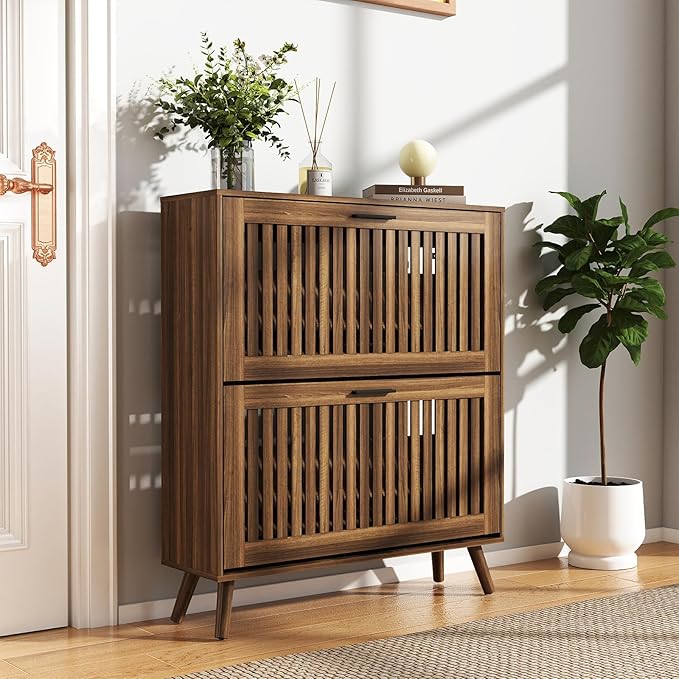 Vibe & Dine Shoe Cabinet with 2 Flip Drawers, Narrow Shoe Rack with Gold Handles, Free Standing Shoe Storage Cabinet for Entryway Slim, Wood Shoe Organizer Cabinet for Hallway, Bedroom, Walnut
