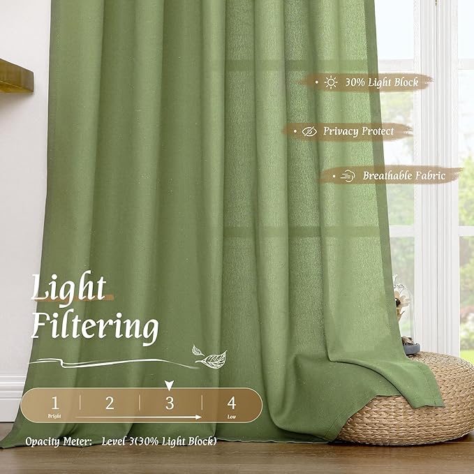 LAMIT Green Linen Curtains for Small Windows, 45 Inches Long Light Filtering Panels Rod Pocket Neutral Privacy Drapes for Window/Bedroom, 2 Panels, 42 x 45 Inch