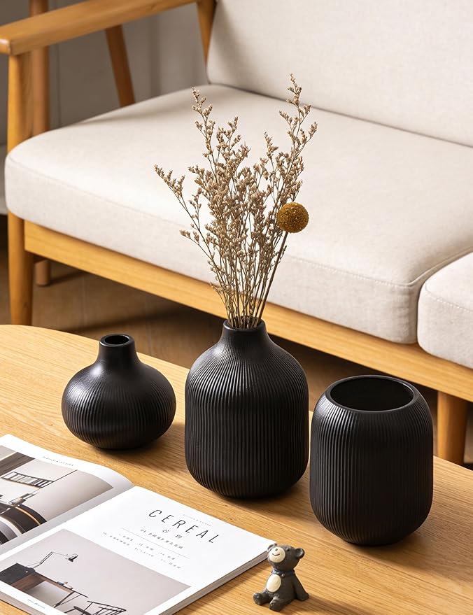 Black Ceramic Vase Set 3 Modern Style Decor Farmhouse Home Living Room Dining Table Room Desk Pottery Small Vases