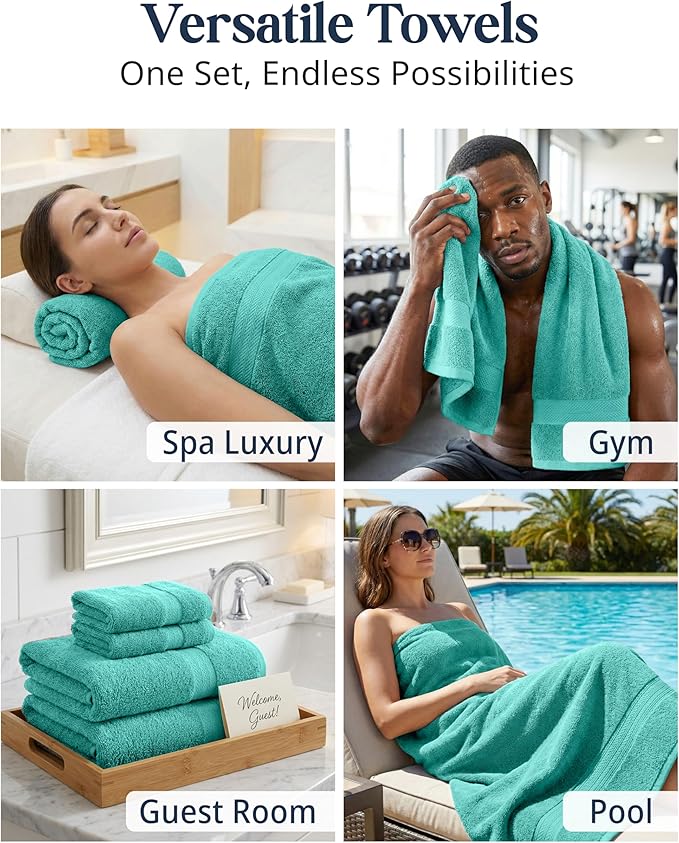 LANE LINEN 100% Cotton Bath Towel Set - 6 Pieces - Softer, Durable & Highly Absorbent - 2 Bath, 2 Wash cloths, 2 Hand Towels for Bathroom - Family Set, Premium Quality & OEKO-TEX Certified - Teal