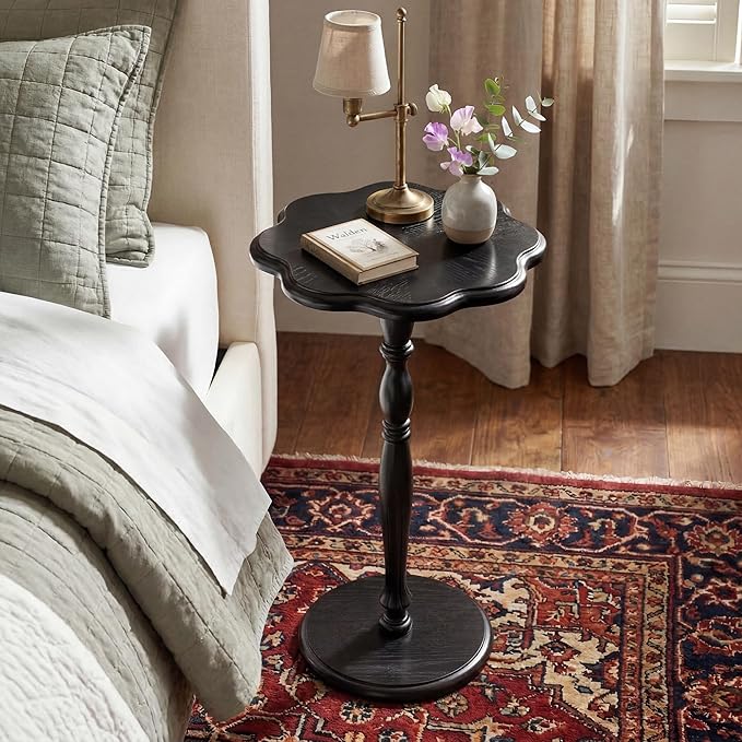 STO'SENSE Black Round Side Table,Drink Table for Small Spaces,Mid-Century Modern Accent Nightstand w/Solid Wood Leg,Sofa Pedestal Table w/Classic Sculpted Design for Living Room,Tool-Free Assembly