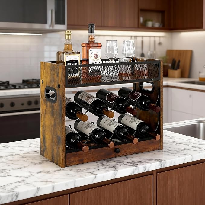 3-Tier Countertop Wine Rack, Coffee Syrup Rack Organizer With Drawer for Coffee Bar, Tabletop Liquor Bottle Display Shelf for Home Kitchens, Restaurants and Bar Counters, Holds up to 18 Bottles