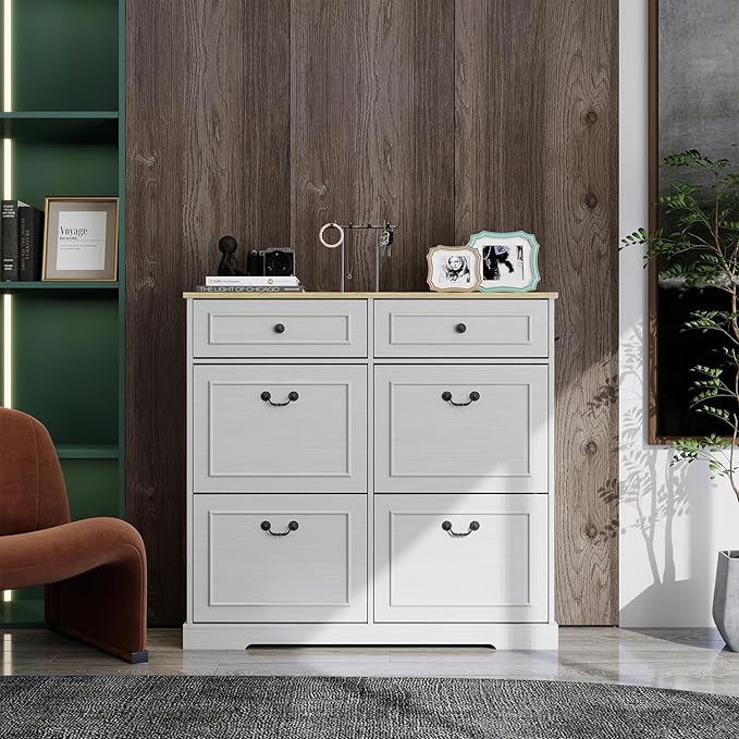 Locsear Shoe Storage Cabinet with 4 Flip Drawers, 2 Drawers, Freestanding Shoe Cabinet Organizer with Adjustable Shelf for Entryway, Foyer, Slim Shoe Cabinet-Antique White