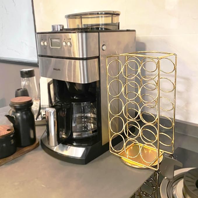 Alessia Cara Tabletop K Cup Holder, Coffee Pod Stand Holder, K-Cups Capsule Storage Rack for 30 pods, 360 degrees rotatable, No Assembly Required, Gold