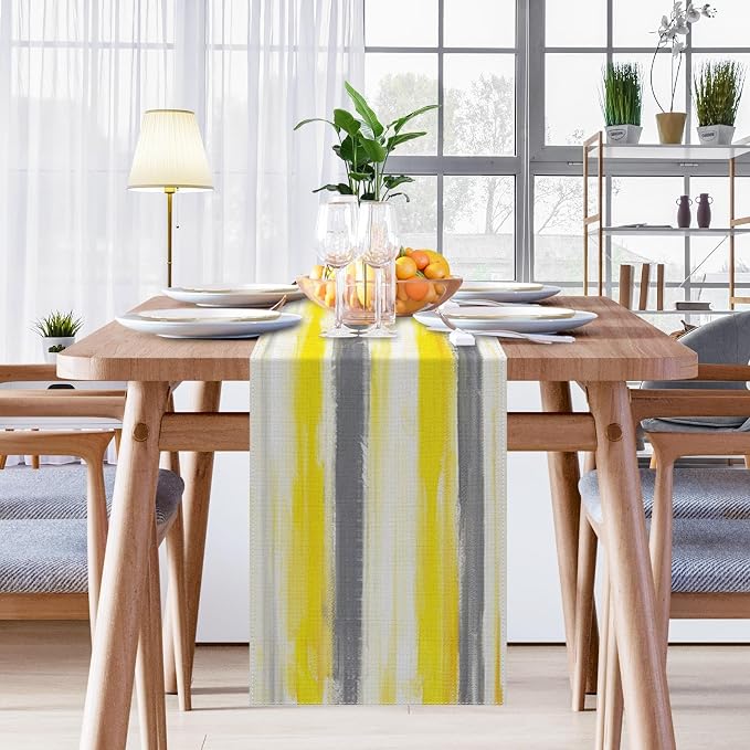 Emvency Yellow Abstract Table Runner, Modern Grey White Striped Dining Decor for Kitchen Coffee Table Family Dinners Holiday Parties Wedding Events Decor(13x72 inch)