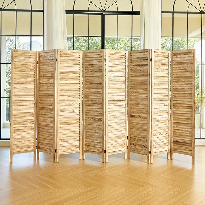 Room Partitions and Dividers, Temporary Wall with Double Hinges, 5.6 Ft Tall Folding Louver Wood Screen for Home Office Bedroom Hotel Decoration (8 Panels, Wood Color)