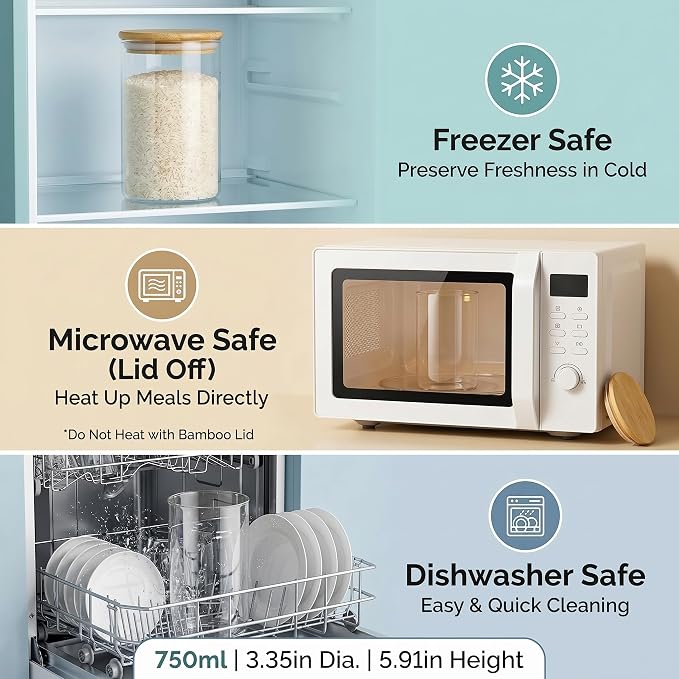 24oz 6-Pack Borosilicate Glass Jars with Airtight Wooden Lids, Clear Food Storage Containers, Kitchen Pantry Canisters for Tea, Flour, Candy, Grain, Microwave & Freezer Safe