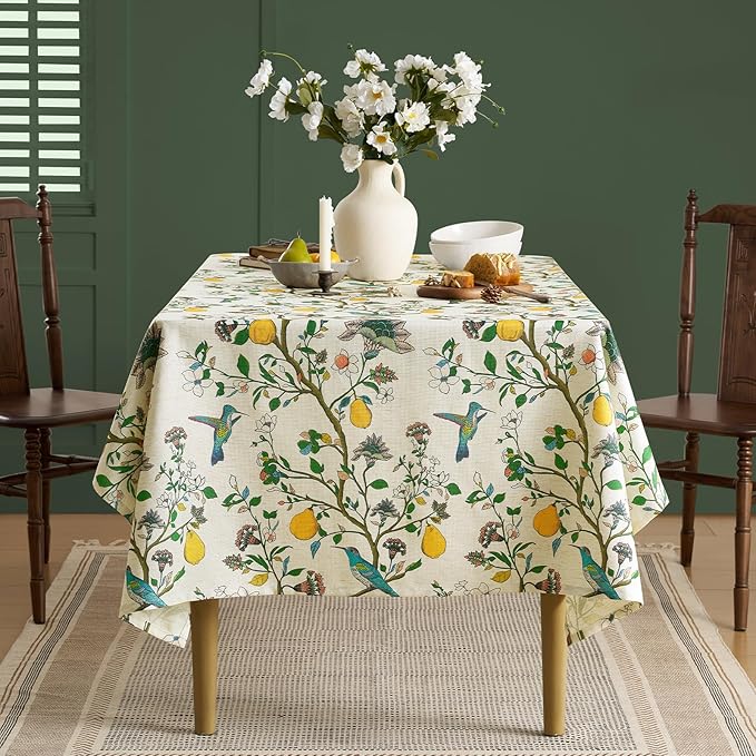 Vintage Colorful Floral Square Tablecloth: Linen Printed Farmhouse Table Cloth - Whimsical Plant Lemon Bird Patterned on Cream Burlap Textured Outdoor Table Cover for Home Decor, 55x55 Inch
