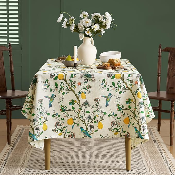 Vintage Colorful Floral Rectangle Tablecloth: Linen Printed Farmhouse Table Cloth - Whimsical Plant Lemon Bird Patterned on Cream Burlap Textured Outdoor Table Cover for Home Decor, 55x102 Inch